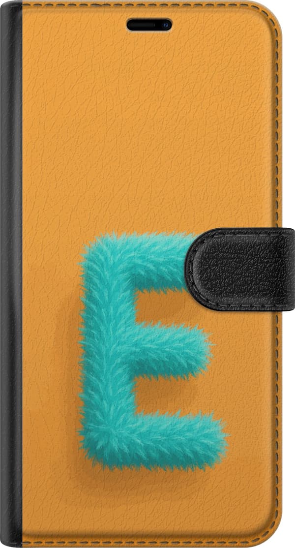 Kompatibel Tegnebogsetui til Apple iPhone 13 mini Turkis loddet bogstav E med blød pelsstruktur på orange baggrund orange