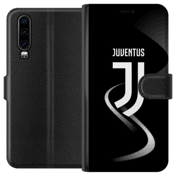 Kompatibel Tegnebogsetui til Huawei P30 Hvidt monogram med fejende linje - grafisk monogram på sort baggrund sort