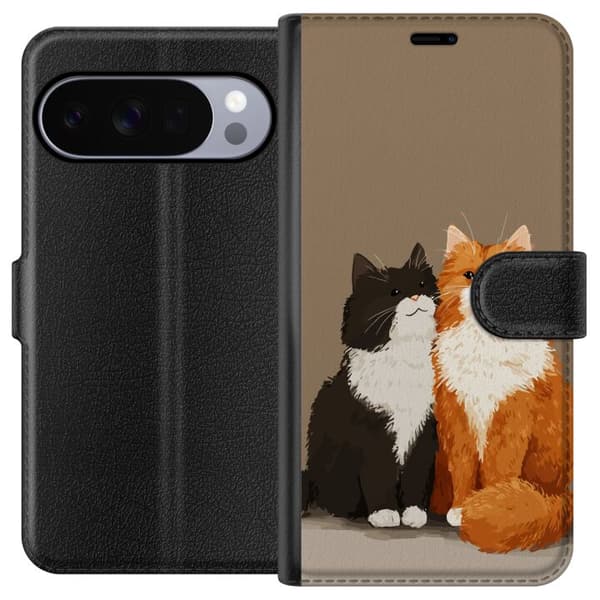Kompatibel Tegnebogsetui til Google Pixel 10 Pro XL Illustrerede sort-hvide og orange-hvide katte sammen mod brun baggrund brun