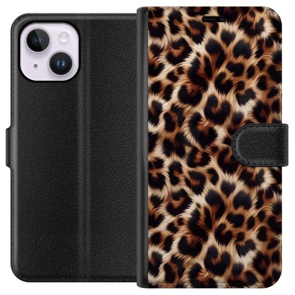 Kompatibel Tegnebogsetui til Apple iPhone 14 Plus Nær billede af leopardmønster med bløde pelsdetaljer i brune og sorte nuancer