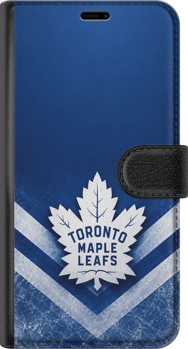 Kompatibelt Lommeboketui til Apple iPhone 12 Toronto Maple Leafs – Blått løvmotiv – Hvitt lønneblad med Toronto Maple Leafs-tekst, med lyse V-formede blå