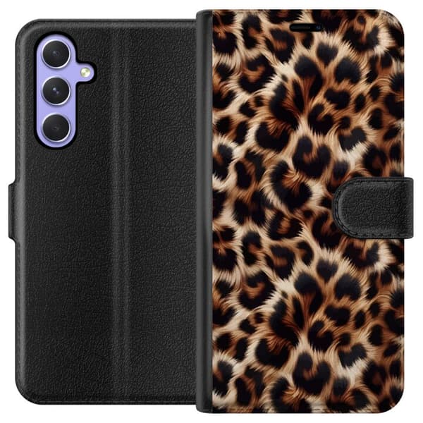 Kompatibel Tegnebogsetui til Samsung Galaxy A54 Nær billede af leopardmønster med bløde pelsdetaljer i brune og sorte nuancer