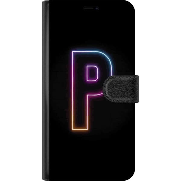 Kompatibel Tegnebogsetui til Apple iPhone 13 mini Minimalistisk neonbogstav P i farvegradient og lyseffekt mod sort baggrund i digital neonstil