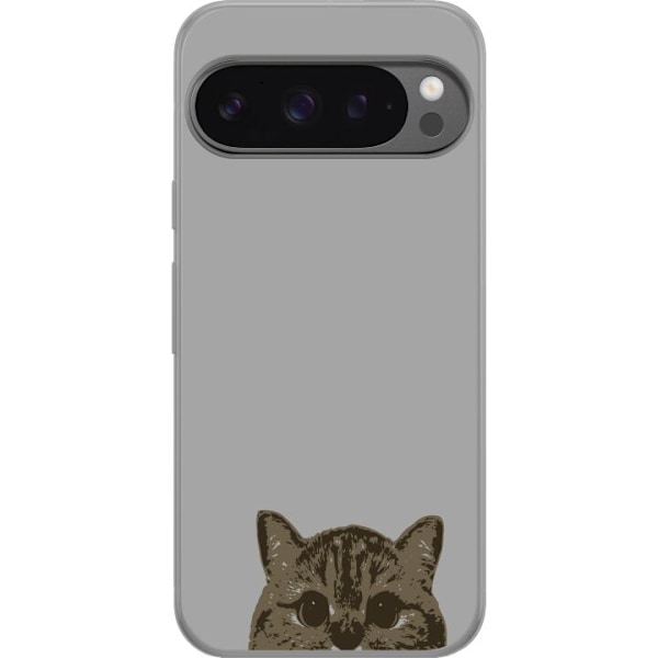 Google Pixel 9 Pro XL Genomskinligt Skal Grå Kattblick – stilren kattdesign med grå bakgrund