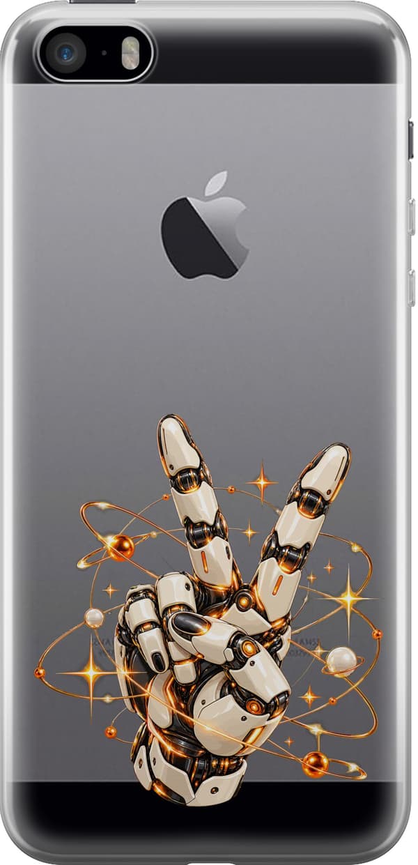Kompatibelt Mobildeksel til Apple iPhone SE (2016) Lys robothånd med to fingre i V-tegn blant gullfargede ringer og stjerner gull