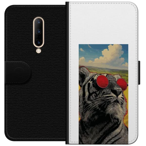 Kompatibelt Plånboksfodral till OnePlus 7 Pro Cool tiger med röda solglasögon i popkonststil grå