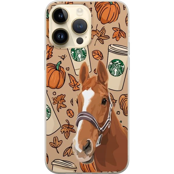 Kompatibelt Mobildeksel til Apple iPhone 15 Pro Max Illustrert hest blant gresskar, kaffekrus og oransje høstløv brun