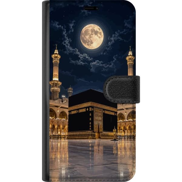 Kompatibelt Lommeboketui til Google Pixel 7a Kaba under stor fullmåne med opplyste minareter og mørkeblå nattehimmel, islamsk motiv blå