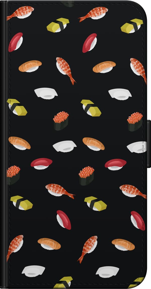 Kompatibel Tegnebogsetui til OnePlus 9 Pro Mønster med sushi, nigiri, rejer og rogn mod sort baggrund sort