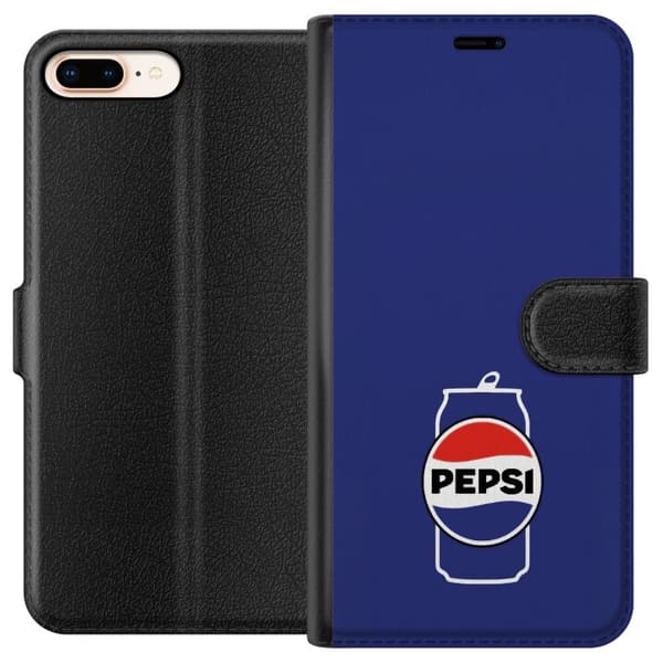 Kompatibel Tegnebogsetui til Apple iPhone 8 Plus Retro Pepsi dåse på blå baggrund med klassisk logo blå