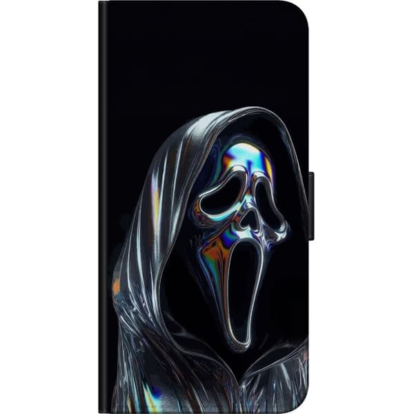 Kompatibel Tegnebogsetui til Xiaomi Redmi Note 9 4G Mørk skrækmaske med metallisk regnbueskinnende detaljer mod sort baggrund sort