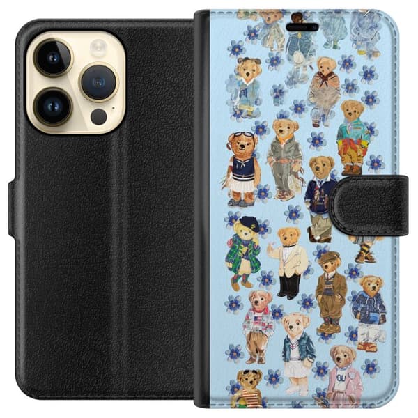 Kompatibel Tegnebogsetui til Apple iPhone 14 Pro Søde bamser i trendy tøj med blå blomster blå