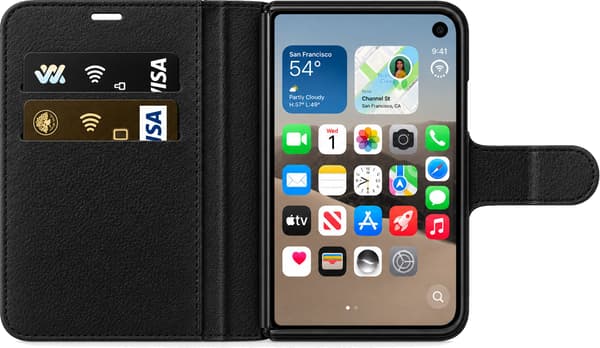 Kompatibelt Plånboksfodral till Apple iPhone Duo Brunhårig spelare med hörlurar och handkontroll framför blå pixelrutor blå