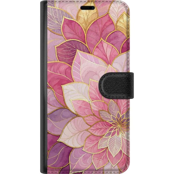 Kompatibel Tegnebogsetui til Apple iPhone 14 Plus Lyserødt botanisk bladmønster med elegante gulddetaljer og dekorative former pink
