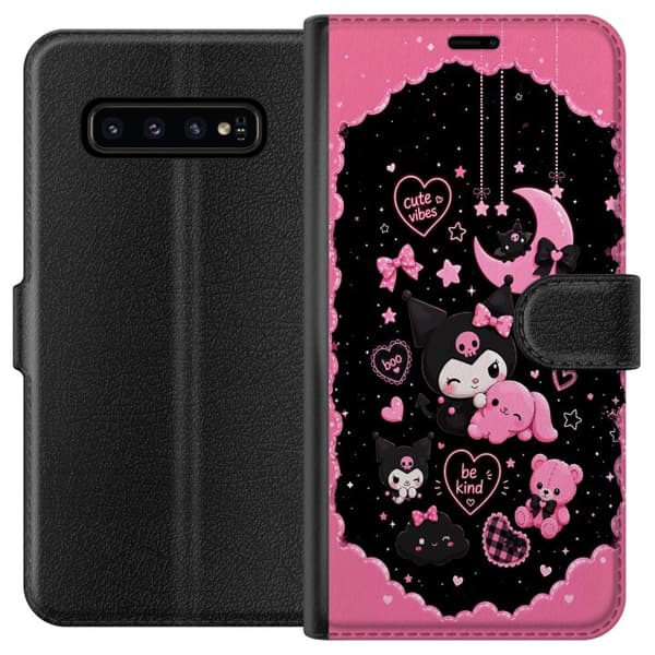Kompatibel Tegnebogsetui til Samsung Galaxy S10 Søde lyserøde og sorte gothfigurer med hjerter, måne, stjerner og positiv tekst sort