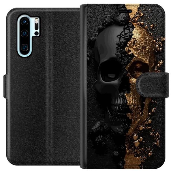 Kompatibel Tegnebogsetui til Huawei P30 Pro Delt kranium i sort og guld med knust tekstur og dramatisk kontrast