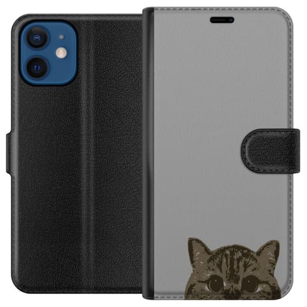 Kompatibel Tegnebogsetui til Apple iPhone 12 Grå Katteblik - stilfuld kat design med grå baggrund