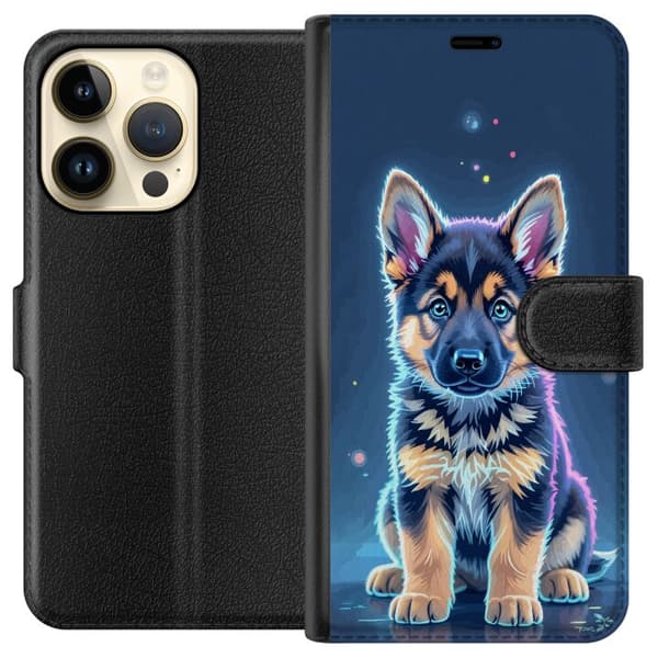 Kompatibelt Lommeboketui til Apple iPhone 14 Pro Neonlyst schäfervalp med blå og lilla lys-effekter blå