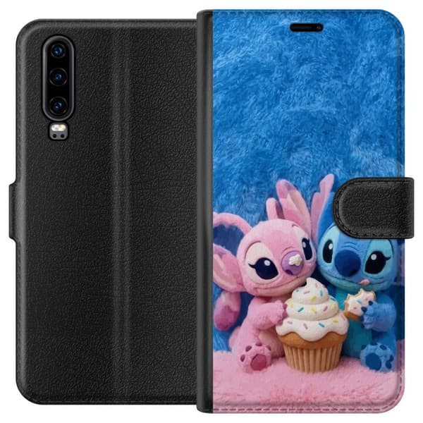 Kompatibel Tegnebogsetui til Huawei P30 Søde blå og lyserøde figurer med stor cupcake og krymmel pink