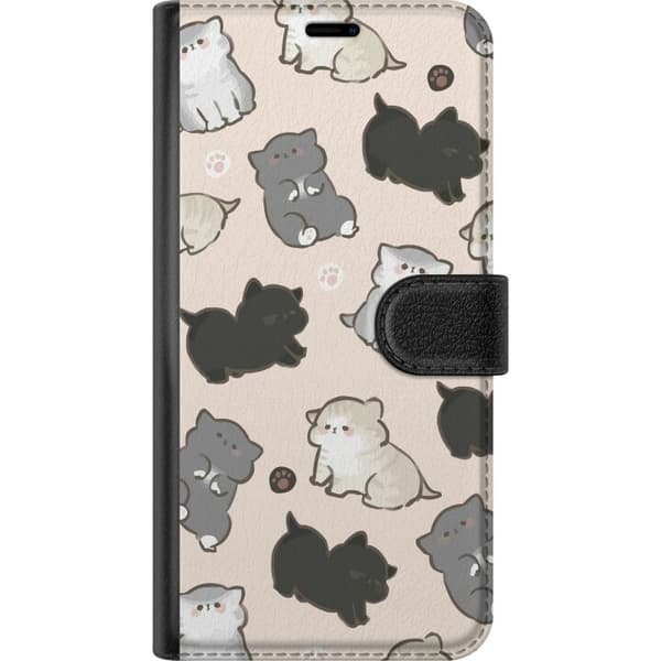 Kompatibel Tegnebogsetui til Samsung Galaxy S26+ Legende mønster med tegnede katte i hvid, grå og sort samt små poteaftryk beige