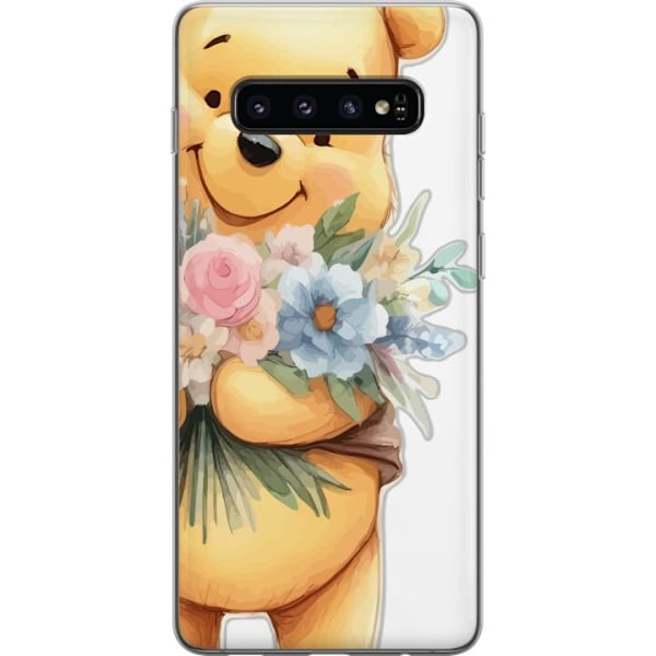 Samsung Galaxy S10 Gennemsigtig cover Nalle Puh med blomster - klassisk børnefavorit i en blomstrende forårs miljø