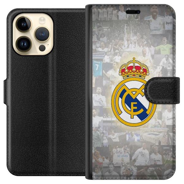 Apple iPhone 14 Pro Max Tegnebogsetui Real Madrid Emblem Fodbold Klubmærke Hvid Guld Design Champions League Mester La Liga Fans Ikonisk