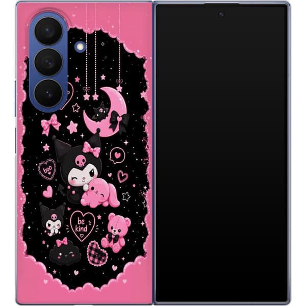 Kompatibel Mobilcover til Samsung Galaxy Z Fold7 Søde lyserøde og sorte gothfigurer med hjerter, måne, stjerner og positiv tekst sort