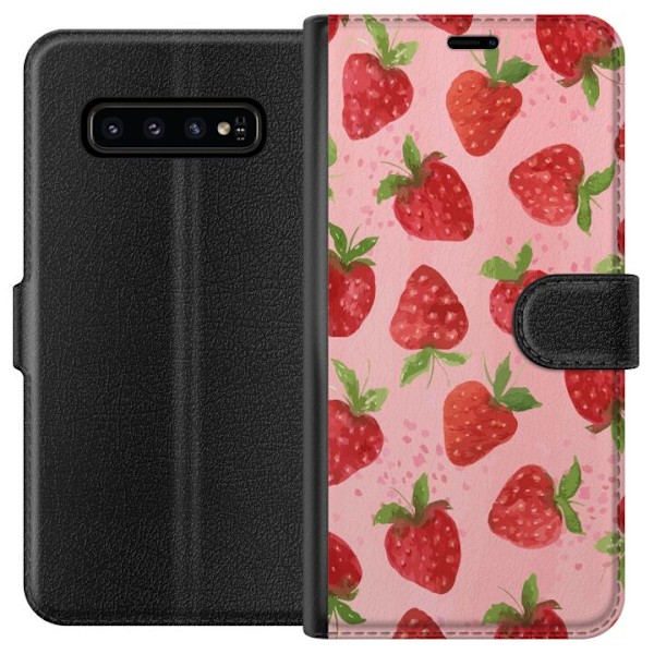 Samsung Galaxy S10 Plånboksfodral Strawberry Dreams – jordgubbsmönster i retrostil