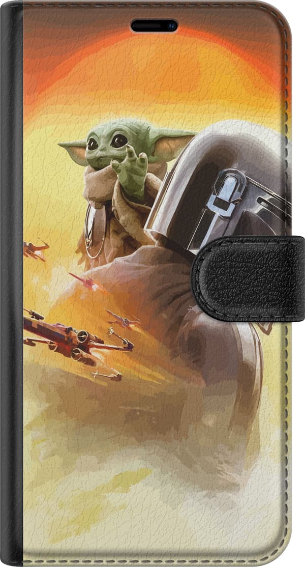 Kompatibel Tegnebogsetui til Google Pixel 6a Mandalorian og Grogu foran en orange sol med rumskibe orange
