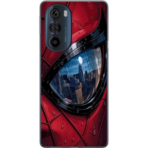 Kompatibelt Mobildeksel til Motorola Edge 30 Pro Nærbilde av Spider-Man-maske med regndråper og byrefleksjon i øyet rød