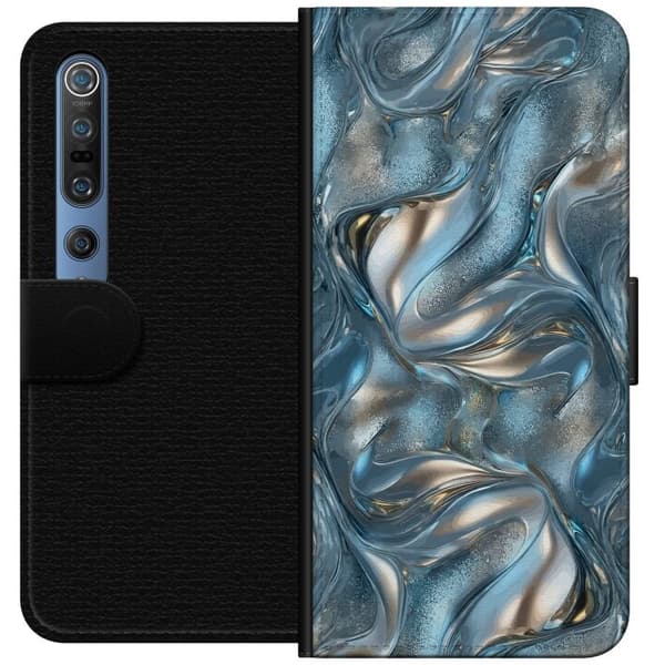 Kompatibel Tegnebogsetui til Xiaomi Mi 10 Pro 5G Abstrakt flydende krom i sølv og blå metallisk effekt sølv