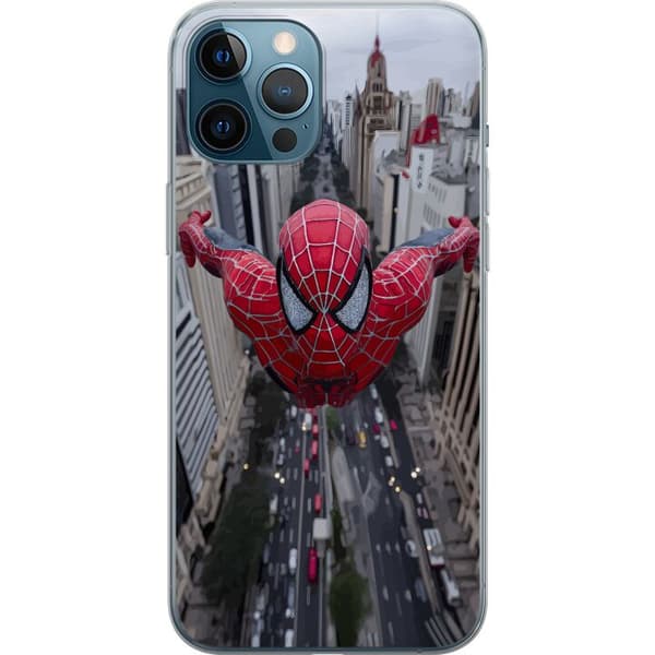 Kompatibelt Mobilskal till Apple iPhone 12 Pro Max Spiderman flyger över stad Marvel superhero action scen city skyline dynamic pose comic hero red s