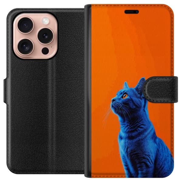 Kompatibel Tegnebogsetui til Apple iPhone 16 Pro Blå kat med orange baggrund i moderne popkunststil blå