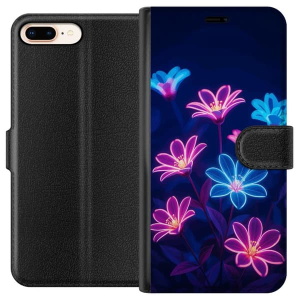 Kompatibel Tegnebogsetui til Apple iPhone 8 Plus Blåt og lyserødt motiv med lysende neonblomster mod mørk baggrund blå