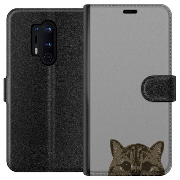 OnePlus 8 Pro Plånboksfodral Grå Kattblick – stilren kattdesign med grå bakgrund