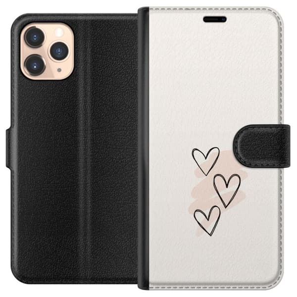 Kompatibel Tegnebogsetui til Apple iPhone 11 Pro Tre håndtegnede sorte hjerter med lyserøde penselstrøg på lys baggrund, romantisk motiv beige