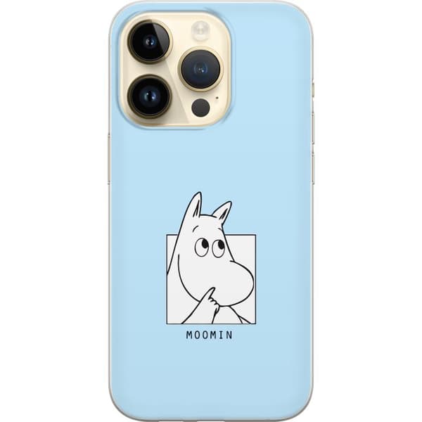 Kompatibel Mobilcover til Apple iPhone 15 Pro Mumitrolden i sort-hvid illustration mod lyseblå baggrund blå