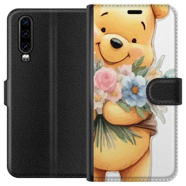 Huawei P30 Tegnebogsetui Nalle Puh med blomster - klassisk børnefavorit i en blomstrende forårs miljø