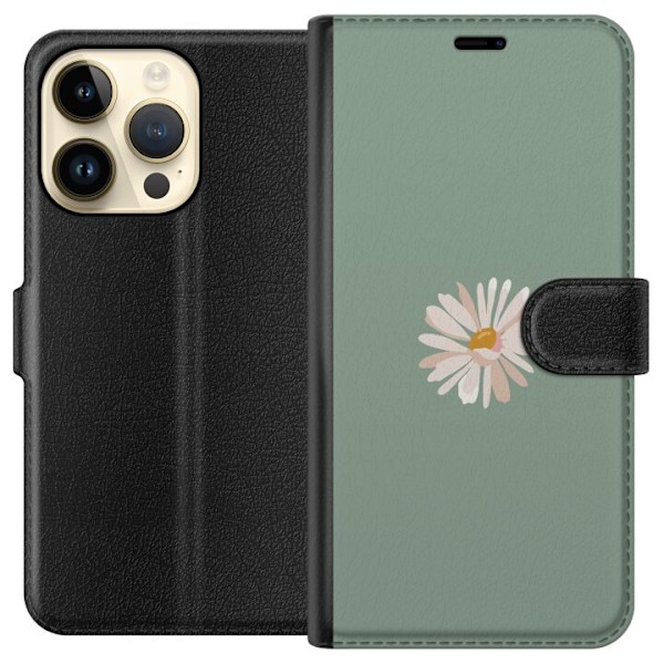Apple iPhone 14 Pro Tegnebogsetui Grøn Minimalblomst - stilfuld blomst på grøn baggrund