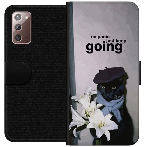 Kompatibel Tegnebogsetui til Samsung Galaxy Note20 Sort kat med basker og hvide blomster sammen med motiverende citater, charmerende dyremotiv grå