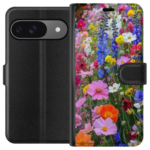 Google Pixel 9 Pro Lompakkokotelo Kukkakuvioinen mobiilikuori kesäisellä niityllä ja luontomaisemalla