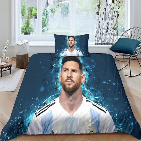 Laadukas uusi 2-osainen Messi-peittosetti 3D-vuodevaatteet Lionel-peitto Erittäin pehmeä mikrokuitu vetoketjullisella tyynyliinalla Yhden hengen-WELLNGS Single135x200cm