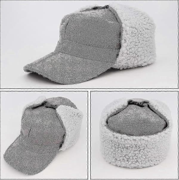 Vintervarm ullmössa med skärm och öronlappar för män och kvinnor (A) Flat Top - Light Gray 7