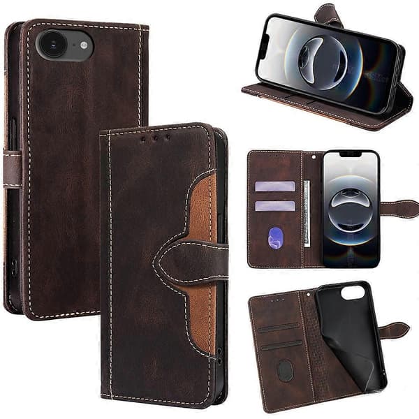 Compatible with iPhone 16e Case Leather Wallet Phone Case with Straw Hat Magnetic Closure - Black Multicolor Multicolor Brown