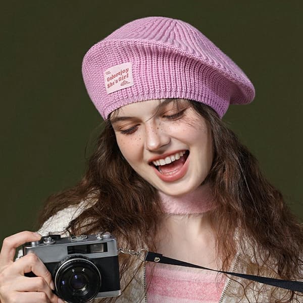 Bomulls Strikket Vinter Varm Lue Elastisk Strikket Baskerhatt - Rosa Rosa pink