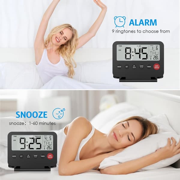 Digital Travel Alarm Clock with Date, Temperature, and Snooze Function, Powered by AAA Batteries, White (Batteries Not Included) Wit