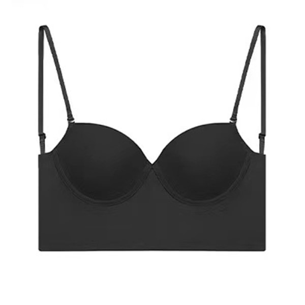 Högkvalitativ ny BH med låg rygg för kvinnor Push Up Djup V-ringning Rygglös BH Svart Svart Black XL