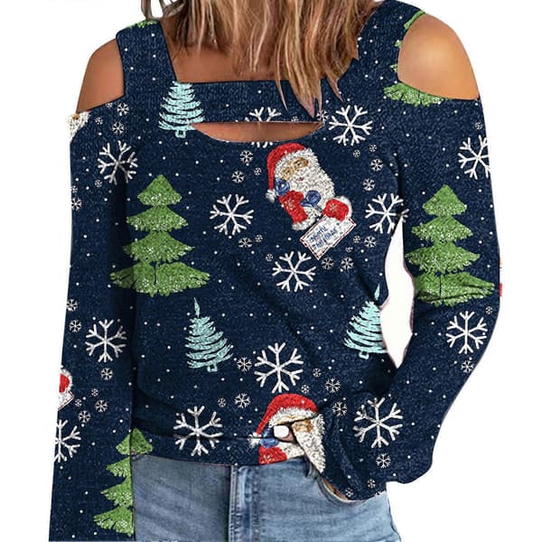 Dame Top Kold Skulder Juleprintet Hul Løs Langærmet Pullover til Dame-lingling}