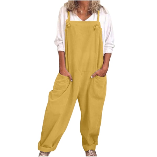 Högkvalitativa nya damoveraller Byxor Romper Baggy Playsuit Bomull Linne Jumpsuit Gul Yellow L