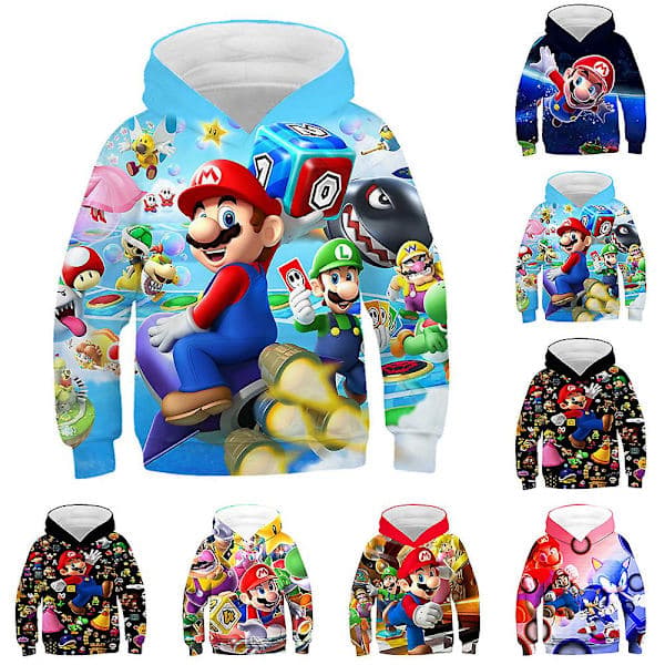 Super Mario Print Børne Hættetrøje Langærmet Sweatshirt Sportstop E 8-9 år EE E 8-9 Years
